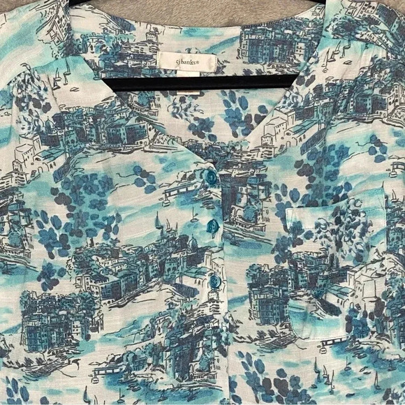 Cj Banks 1X Top Shirt Blue Floral Landscape Button Up V Neck 3/4 Sleeve High Low - Picture 3 of 7
